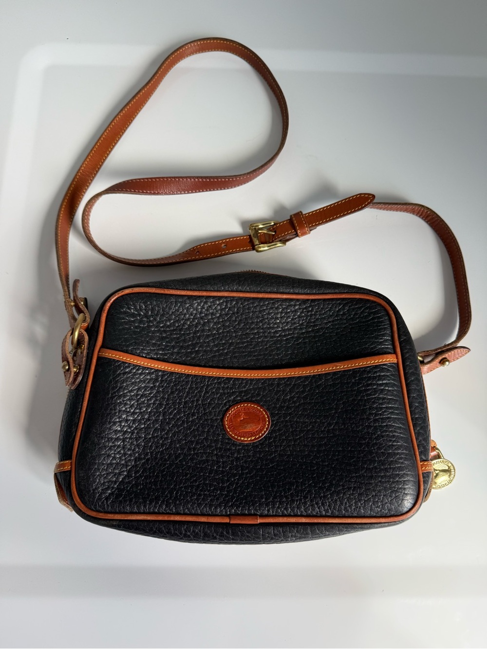 Dooney & Bourke Made in USA Black Pebbled Crossbody with Brown Trim